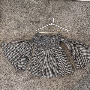 AQUA Black & White Gingham Off-Shoulder Bell Sleeve Top